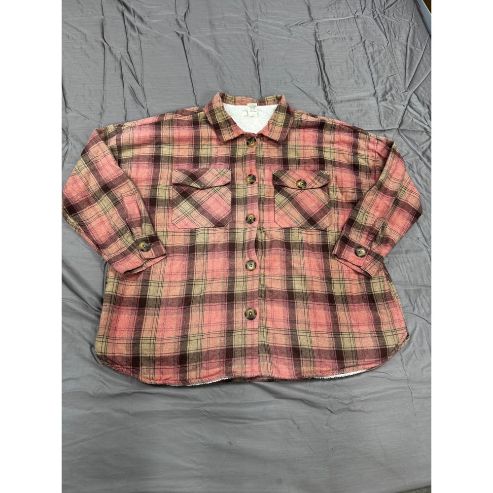 Passport Women 3X Pink Plaid Sherpa Lined Flannel Shacket Button Front Jacket
